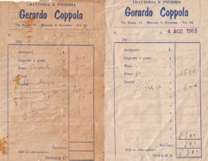 Ricevute del 1963: 10 pizze e 10 birre (totale 2300 lire)