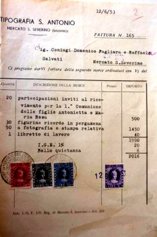 Fattura di partecipazioni, della Tipografia S. Antonio di 59 anni fa
