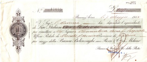 200 lire inviate dall'America nel 1903