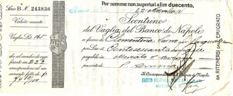 Vaglia del Banco di Napoli a favore della sig.ra Clementina Sarno