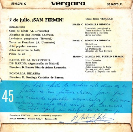 La dedica di Padre Alberto nel retro del disco.