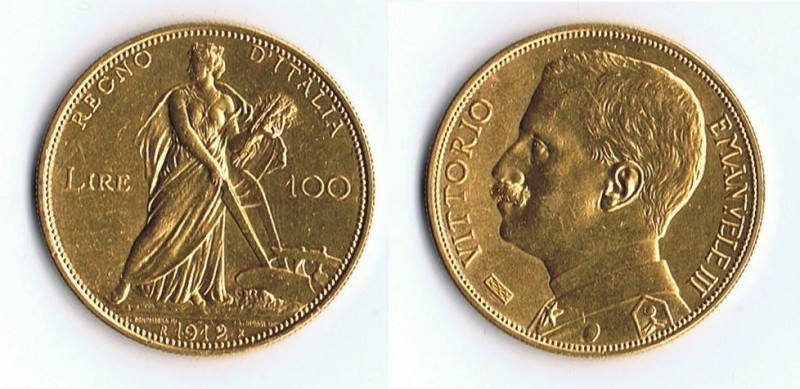 VITTORIO EMANUELE III: 100 LIRE ORO 1912 ARATRICE
