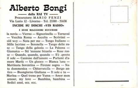 Cartolina originale della discografia di Alberto Bongi. Procuratore Mario Fenzi