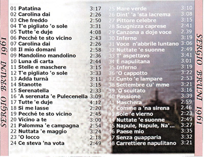 Elenco delle canzoni incise da Sergio Bruni nel 1961