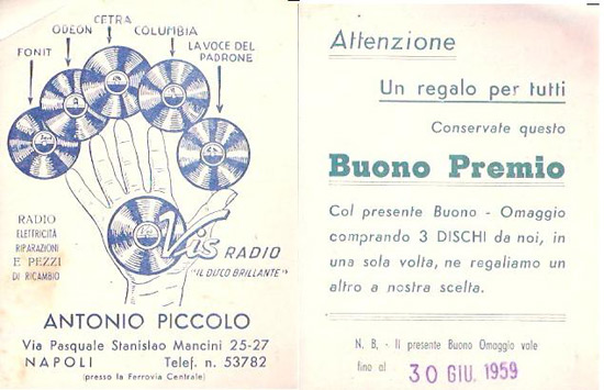 Tessera premio di 50 anni fa della Ditta Piccolo di Napoli