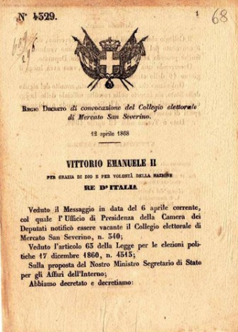 Regio Decreto di convocazione del Collegio Elettorale di Mercato San Severino del 12 aprile 1868.