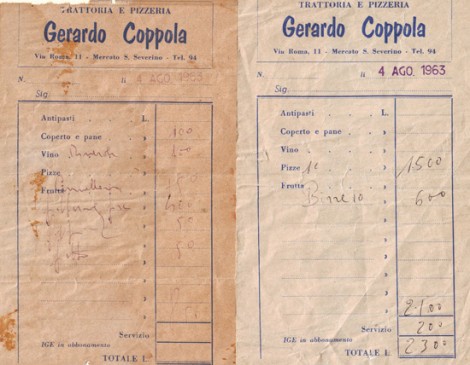 Ricevute del 1963: 10 pizze e 10 birre (totale 2300 lire)