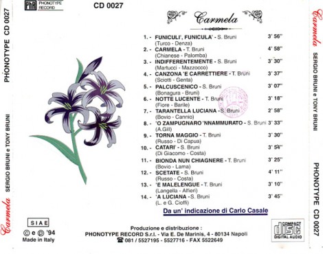 I brani contenuti nel CD "Carmela" di T. Bruni e S. Bruni
