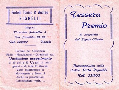 Tessera "Premio fedeltà" della ditta F.lli Rignelli di Napoli